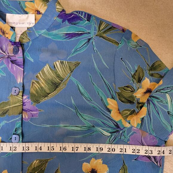 Susan Graver Style Size XL Button Front Sheer Tropical Crinkle Chiffon Tunic Top - Picture 10 of 15